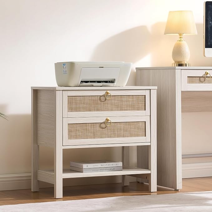 SICOTAS White Rattan Nightstand Set of 2, Wide Bedside Table - Image 9