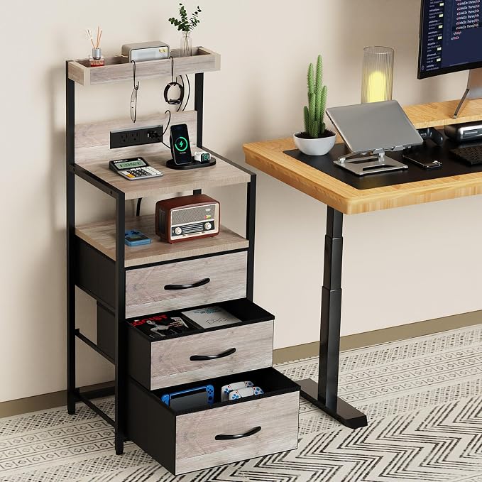 SZLHANJZ LED Night Stand with Charger Station, 3 Fabric Drawers, Greige | - Image 2