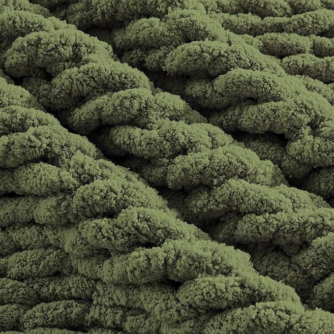 Carriediosa Chunky Knit Throw Blanket 60" X 80" Twin, 100% Hand Made Large Chenille Loop Yarn Soft Fluffy Throws for Couch Sofa Bed, Big Crochet Cozy Heavy Thick Cable Woven Blankets, Olive Green