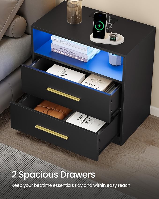 VASAGLE 23.6 Nightstands, LED Lights, Charging Station, 2 Drawers | LED Lights - Image 6