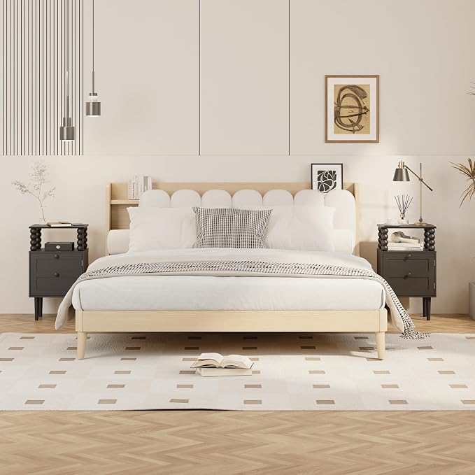 Nightstand with Storage Drawer and Open Wood Shelf, Solid Wood Legs | - Image 3
