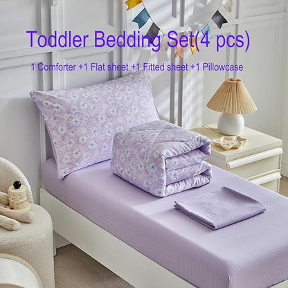JHXHMX Floral Toddler Bedding Set for Girls,4 Piece Bed-in-a-Bag Toddler Comforter Set,Soft Crib Bed Set Including Comforter,Flat Sheet,Fitted Sheet and Pillowcase-Purple