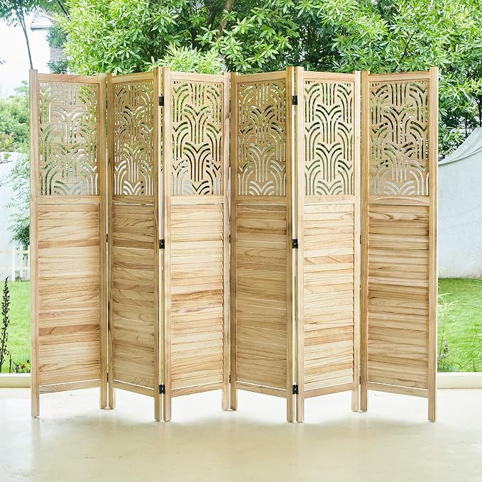 Svimi Folding Room Divider, 66.9 Inch 6 Panels Wood Carved Privacy Screens - Image 4