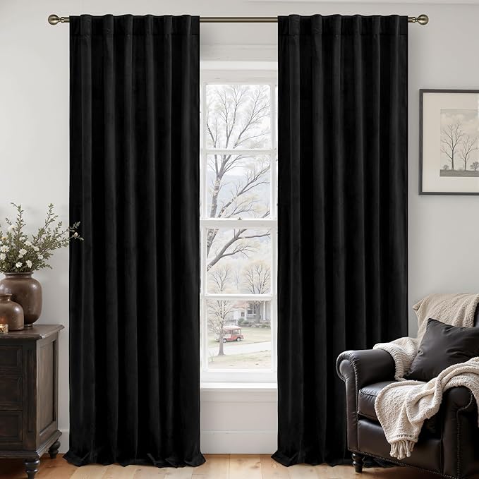 LAMIT Velvet Blackout Curtains for Bedroom 102 Inch Length, Halloween Black Room Darkening Thermal Panels Privacy Protected Back Tab and Rod Pocket Drapes for Living Room, 2 Panels, 52 x 102 Inch