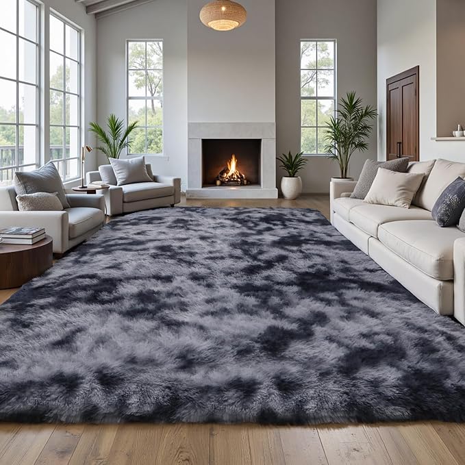 KICHOWUA Grey Tie-Dye Dark Gray Fluffy 9x12 Rug Bedroom Living Room Shag | Grey - Image 6