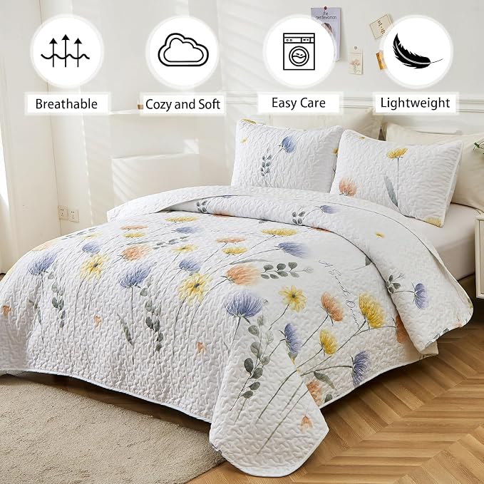 Dinjoy Floral Quilt Set Queen Colorful Flower Bedspreads - Image 2