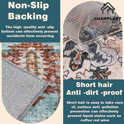 2'x3' Blue Khaki Area Rug Washable Door Mat Vintage Distressed Doormat Indoor Entrance Traditional Thin Floral Print Non Slip Carpet for Kitchen Bathroom Bedroom Living Room