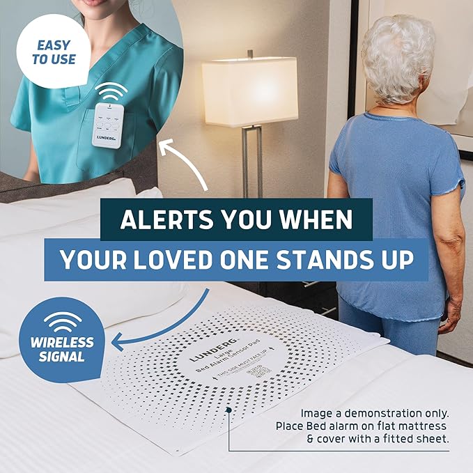 Lunderg Large Bed Alarm for Elderly Adults - Wireless Sensor Pad (20” x 30”) & Pager - Safety Bed Alarms and Fall Prevention for Elderly and Dementia Patients - for Patients That Move a lot