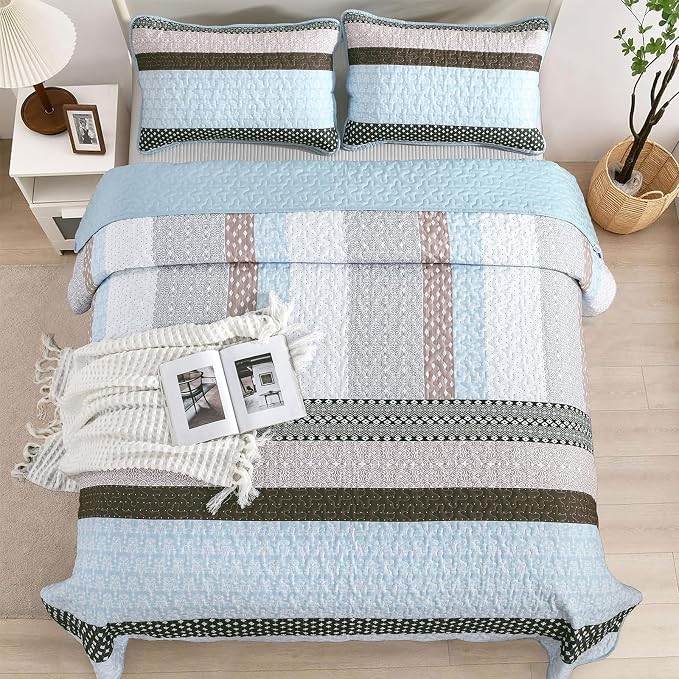 WONGS BEDDING Boho Quilt Queen Size, Patchwork Bedding Set, 3 Pieces Plaid - Image 3