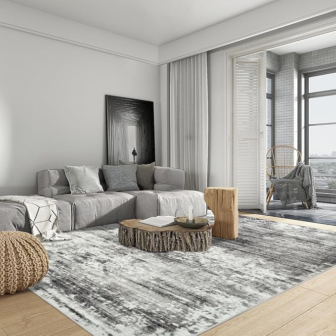 8x10 Area Rugs for Living Room: Washable Abstract Black Grey Badroom Carpet | - Image 3
