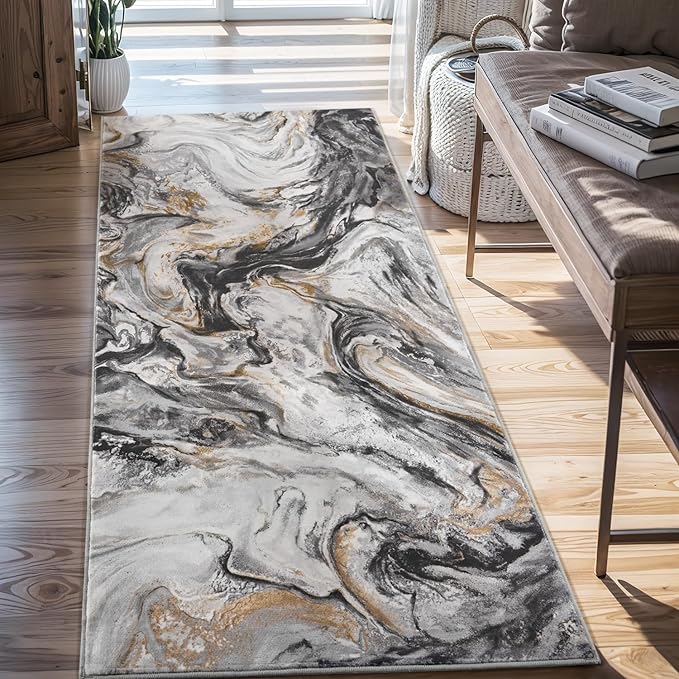 2x10 Runner Rug for Hallways Kitchen Modern Abstract Washable Runner Rug Blue Soft Non Slip Marble Carpet Runner for Laundry Entryway Bedroom Bathroom