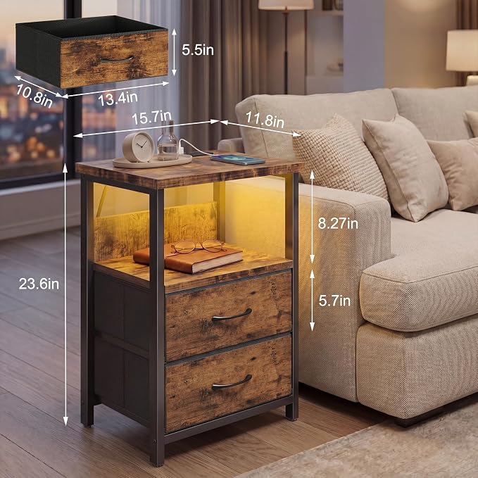 Fixwal Night Stand with Charging Station, Led Nightstand, 2 Fabric Drawers | - Image 3