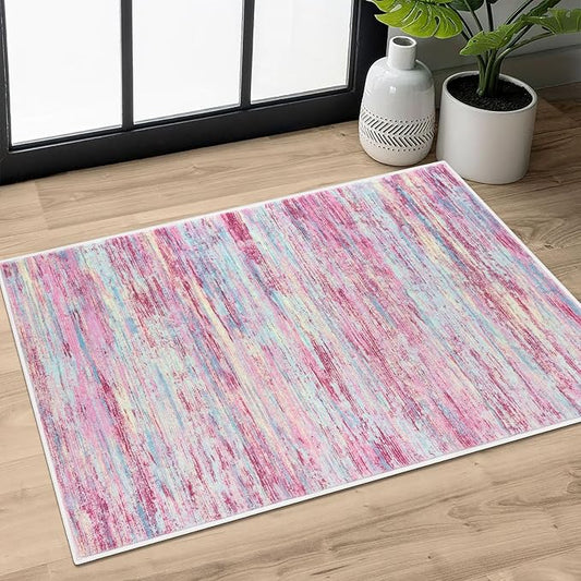 2x3 Modern Abstract Rug for Entryway, Pink Colorful Super Soft Small Area Rug, Washable Non-Slip Kitchen Rugs, Low-Pile Mat for Bedside, Indoor Door Mat