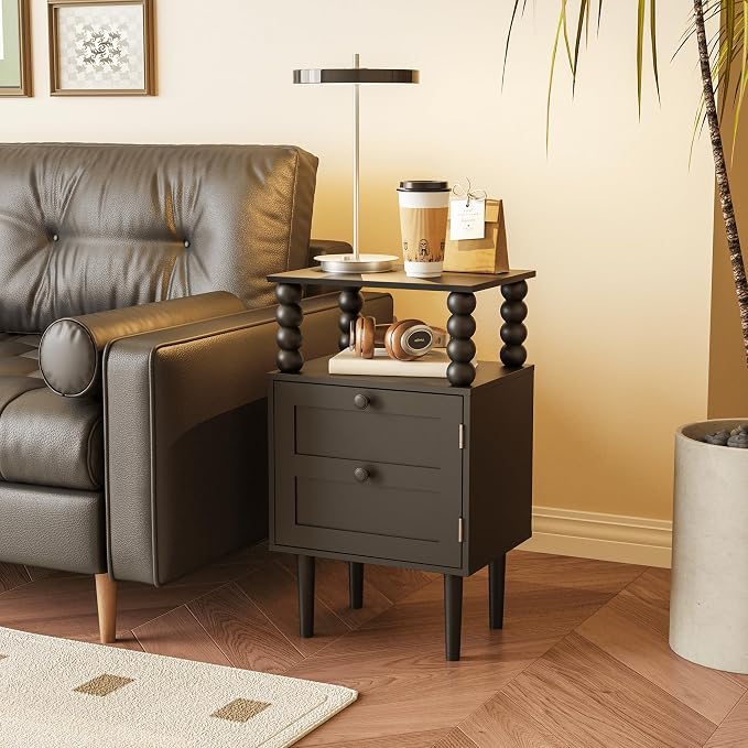 Nightstand with Storage Drawer and Open Wood Shelf, Solid Wood Legs | - Image 4
