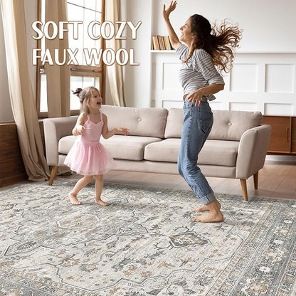 10x12 Area Rug Living Room: Washable Boho Large Neutral Vintage Soft Rugs Stain Resistant Distressed Farmhouse Non-Slip Indoor Floor Carpet for Bedroom Nursery Kids Office Dining Room- Taupe