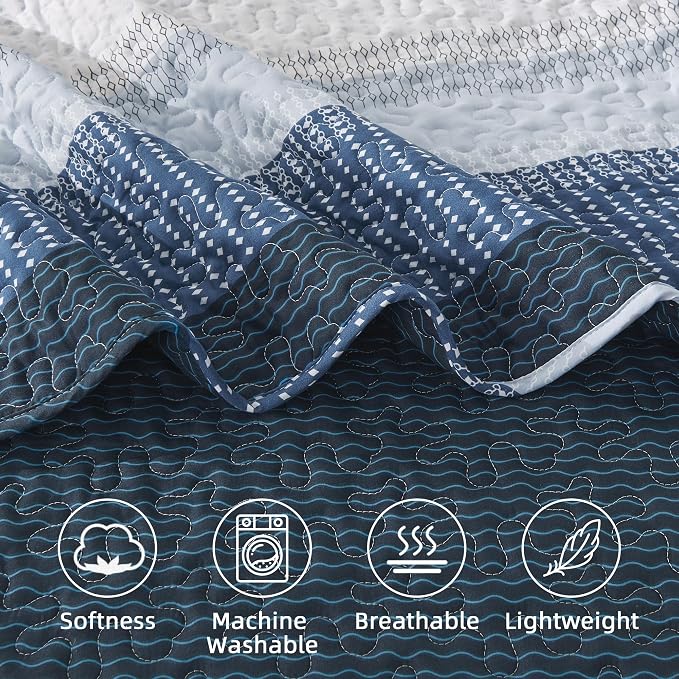 Queen Quilt Set Navy Blue, 3 Pieces Striped Bedspread | Ultra Soft Summer - Image 7