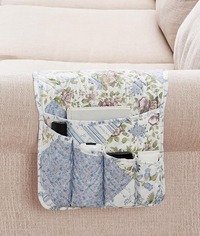 Brilliant Sunshine Blue Roses Patchwork Couch Armrest Cover, Armrest Organizer by BrilliantSunshine