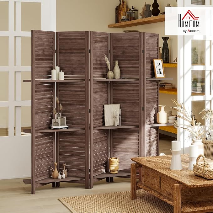 HOMCOM Room Divider 5 Panel 67" Tall Wood Privacy Screen Walnut | 3 Display - Image 2