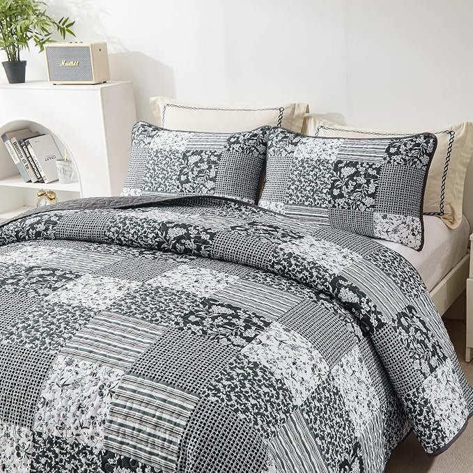 Mybedsoul Black Grey Boho Quilt Set Twin Size Dorm Bedding, 2 Pieces Plaid - Image 2