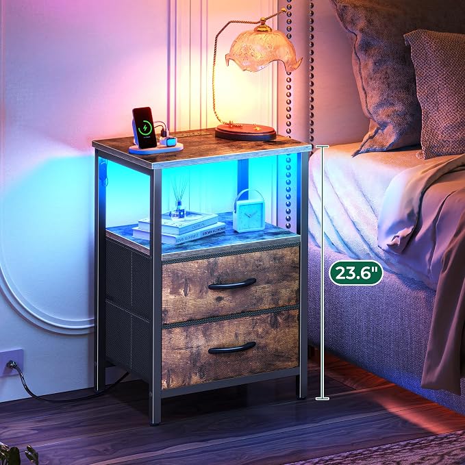Huuger Night Stand with Charger Station and LED Lights, 2 Drawer Nightstand | - Image 4