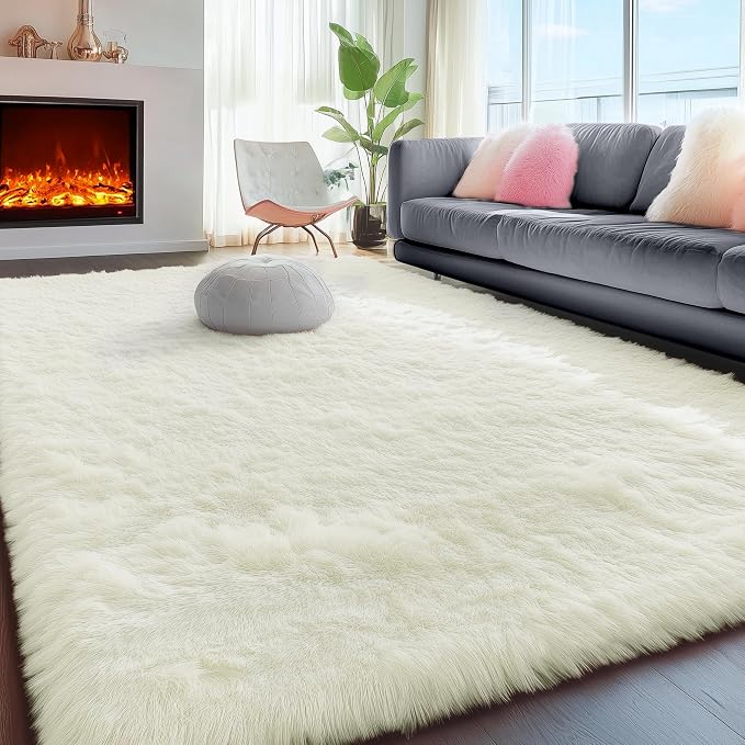 White Fluffy Shag Washable Area Rugs by PAGISOFE