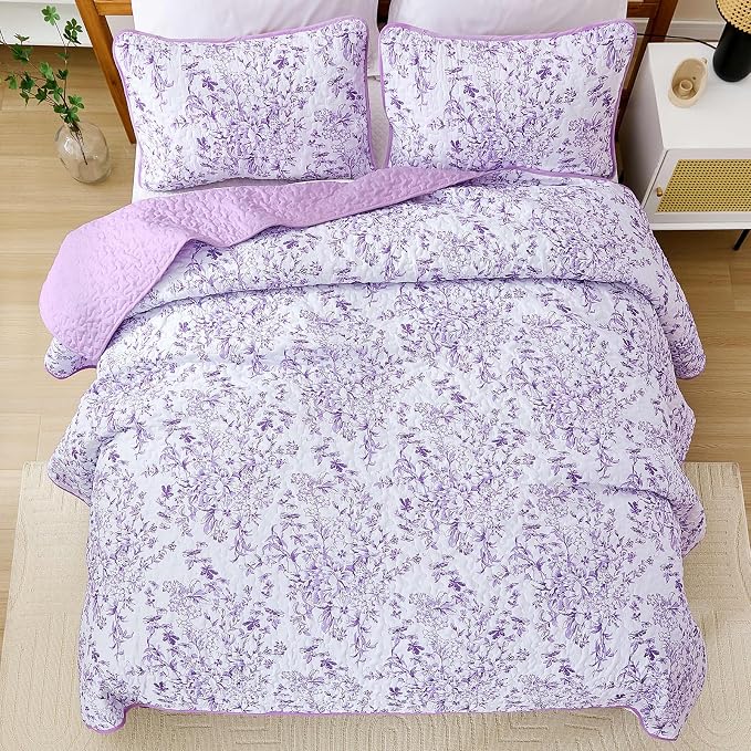 WONGS BEDDING Botanical Queen Quilt Bedding Set, 3 Pieces Bedspread, Polyester - Image 4