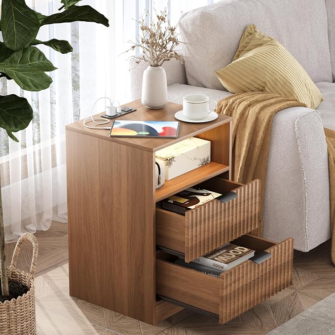 LED Nightstand with Charging Station, Fluted Nightstand Set of 2, Wood - Image 4