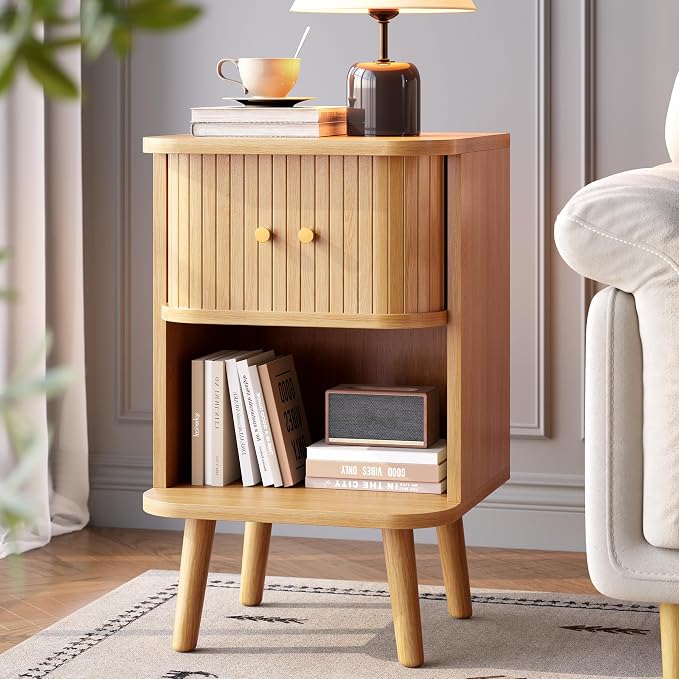 Decofy Fluted Nightstand with Charging Station & Sliding Door, Oak | Open Shelf by Decofy