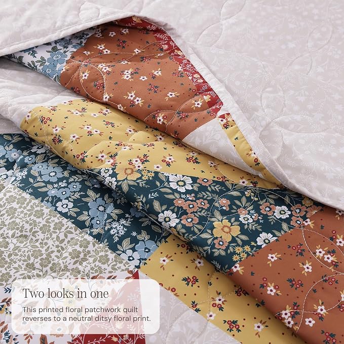 California King Quilt Set-3 Pieces Soft Bedding Floral Patchwork Coverlet | All - Image 3