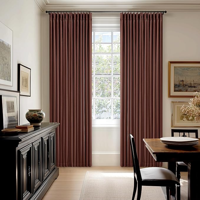 Chestnut Brown Linen Pinch Pleated Blackout Curtains 108 Inches Long for Bedroom Pleated 100% Black Out Drapes with Liner Rust Farmhouse Country Extra Long 108 Inch Curtain for Living Dining Room
