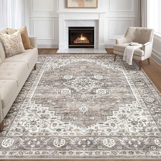 10x14 Area Rugs Living Room: Washable Boho Large Neutral Vintage Soft Rug Stain Resistant Farmhouse Non-Slip Indoor Rustic Floor Carpet for Bedroom Nursery Kids Playroom Office Dining Room- Dark Brown