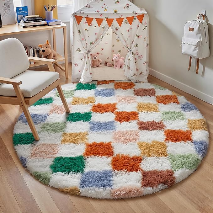 Colorful Round Rug 6ft for Bedroom Soft Checkered Shag Carpet | Machine Washable by PureCozy