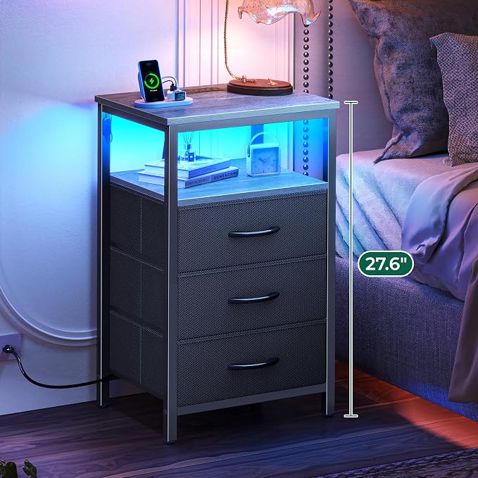 Huuger Night Stand with Charger Station and LED Lights, 3 Drawer Nightstand | - Image 4