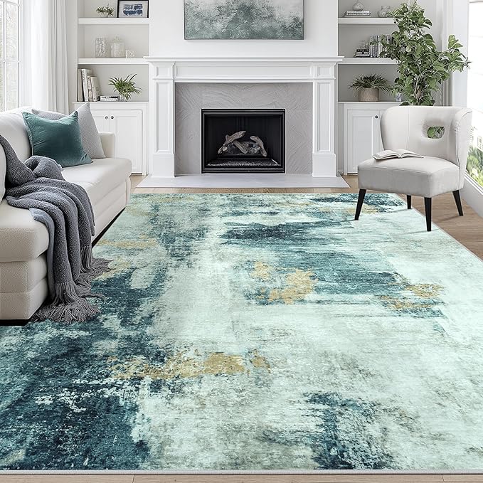 9x12 Area Rugs for Living Room Washable Bedroom Dining Room Teal Grey Gold | by Aelenmu