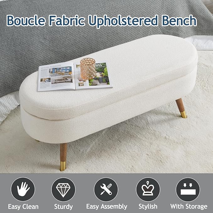 IAFIKE Oval Storage Bench 43.5" Ottoman Bench Upholstered Boucle Fabric - Image 3