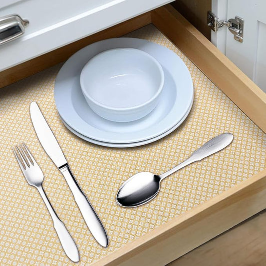 RAY STAR 18X96 Inch Shelf Liner for Kitchen Cabinets, Non-Adhesive Cabinet Liner Washable, PVC Drawer Liner for Dresser Non-Slip Bathroom (Yellow Circle)(4 Roll)