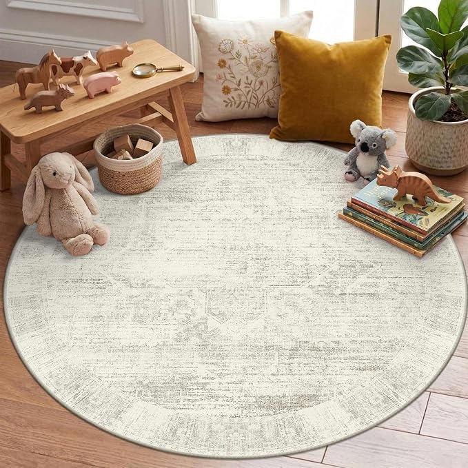 Latte&Fog 4ft Round Area Rug forBedroom Washable Circle Neutral Ivory Rug | Non by LatteFog