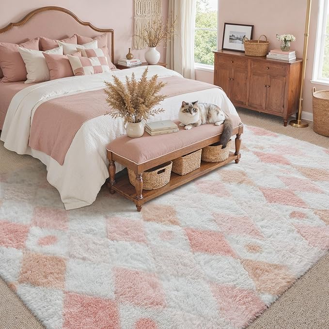 Pink 8x10 Area Rug for Living Room Soft Checkered Shag Carpet | Machine Washable - Image 3