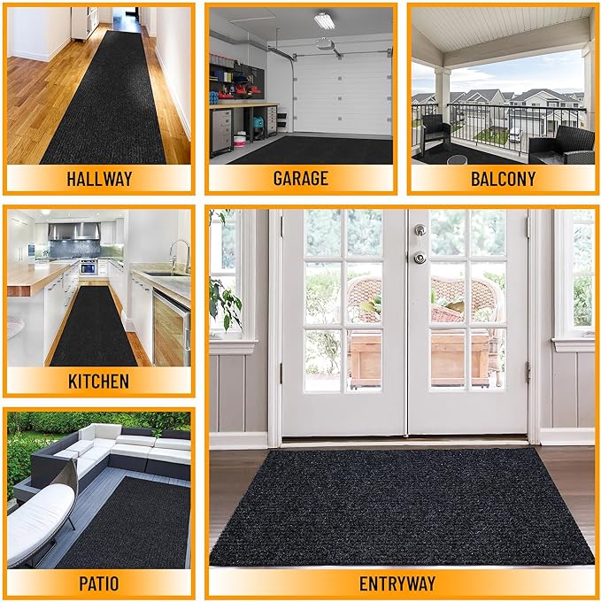 Ottomanson 2'7" x 37' Hallway Runner with Scraper Pile - Extra Durable Non-Slip Rug Mat for Indoor & Outdoor Use - Ideal for Kitchen, Entryway & Garage - High-Traffic Carpet, Black