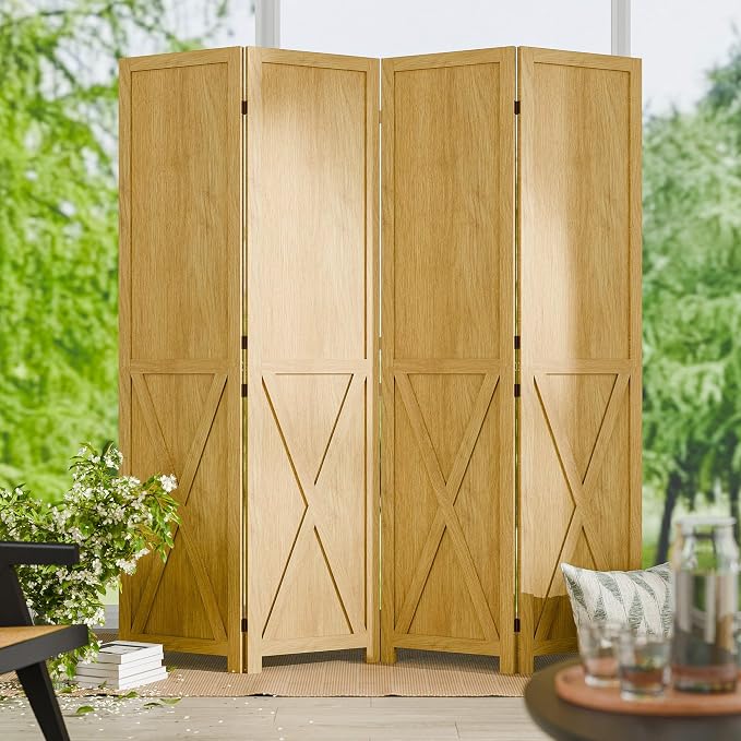 4 Panel Folding Room Divider, Solid Wood Privacy Screen, Freestanding Partition by CozyCastle