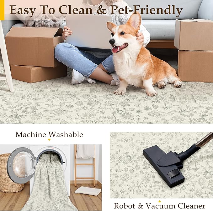 2x8 Grey Runner Rug Hallway Non Slip Kitchen Vintage Distressed Long Carpet Indoor Machine Washable Retro Floral Bedroom Accent Throw Rug for Office Laundry Bathroom Dining Living Room