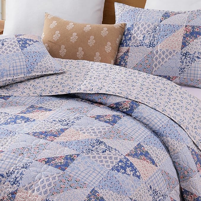 King Quilt Set-3 Pieces Soft Bedding Lightweight Floral Patchwork Coverlet | - Image 8