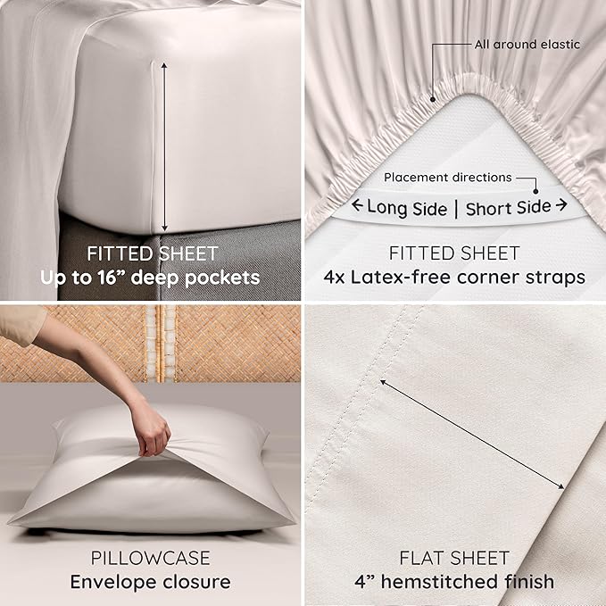 Bambaw 100% Viscose Derived from Bamboo Sheets King Size Set – 6pcs Deep Pocket King Sheets Cooling, Fits Up to 16'' with Elastic Corner Straps, Super Soft Bedding Set (Sand)