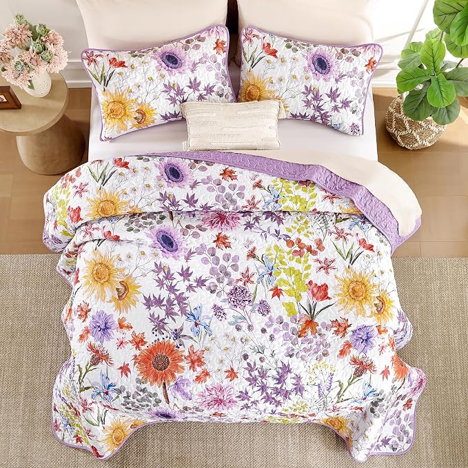 Yiran Purple Floral Quilt Set Queen Size, Sunflower Botanical Bedding Set | 3 - Image 4
