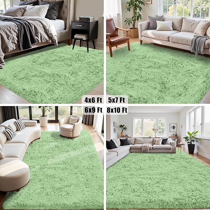 8x10 Area Rug for Living Room, Light Green Fluffy Shag Non-Slip Bedroom Rugs | - Image 4