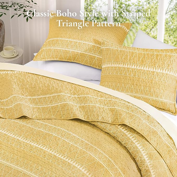 Yellow Twin Quilt Set, 2 Pieces Boho Lightweight Striped Bedspread | Soft - Image 4
