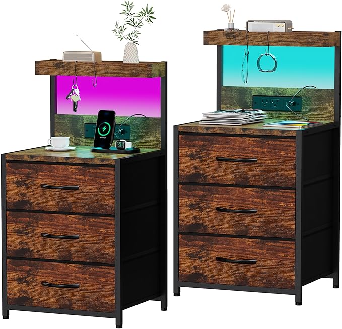 SZLHANJZ Nightstands Set of 2, LED Light and Charging Station, 3 Drawers | by SZLHANJZ