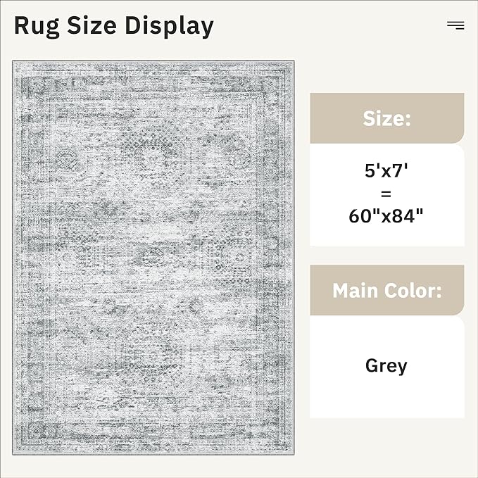Soalmost 5x7 Area Rugs Grey Low Pile Washable Trendy Faded Style Rug | Vintage - Image 5