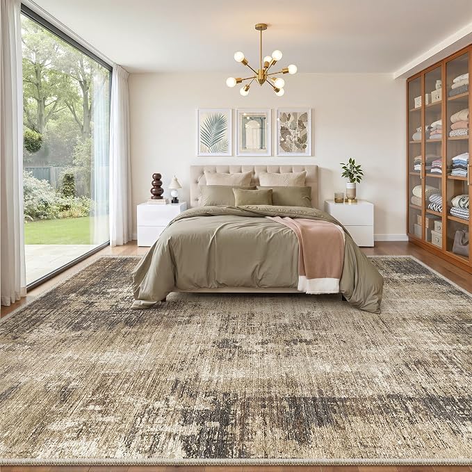 8x10 Area Rugs for Living Room, Abstract Large Washable Rug, Taupe | Soft Thin by Valenrug