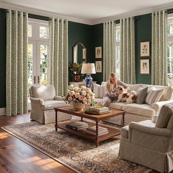 jinchan Sage Floral Blackout Curtians 90 Inch Vintage Grommet 2 Panels | Room - Image 8